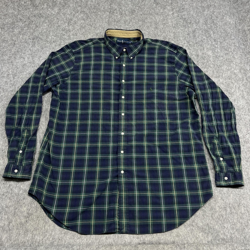Ralph‎ Lauren Shirt Mens 2XLT Tall Blue Green Plaid Button Down Cotton Pony VTG